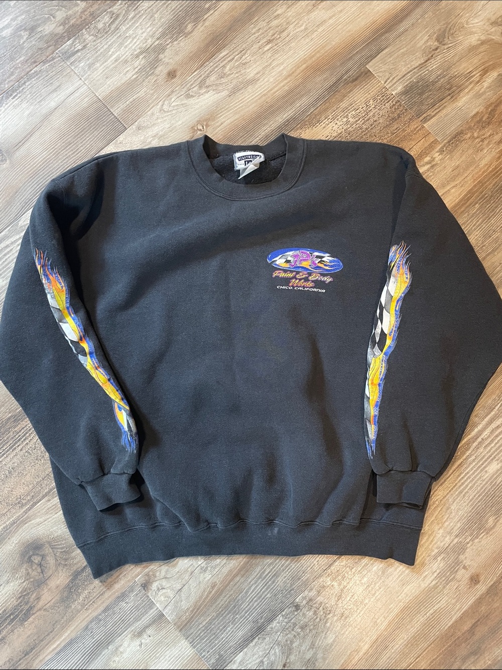 Vintage Lee Black Crewneck Sweater with Yellow & Blue Flame Sleeve Graphics